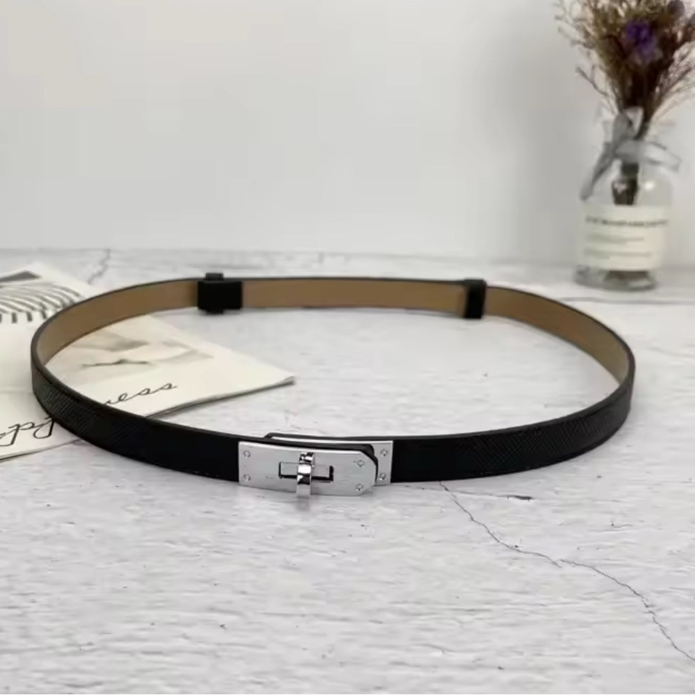 NWT Luxury Brand Black Leather Belt Designer Silver Alloy Kelly Buckle